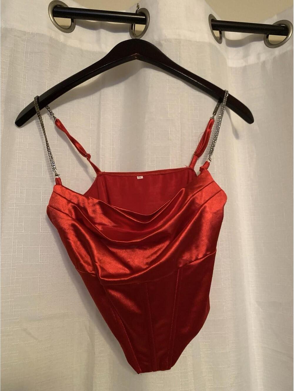 Red Satin Cowl Cami Top With Rhinestone Straps Size Small